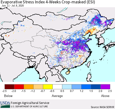 China, Mongolia and Taiwan Evaporative Stress Index (ESI), 4-Weeks over Croplands Thematic Map For 7/6/2020 - 7/12/2020