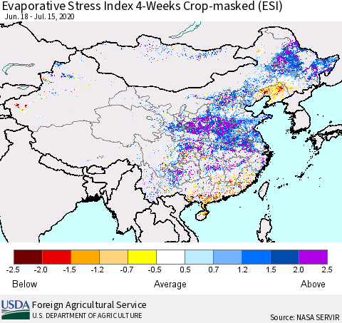 China, Mongolia and Taiwan Evaporative Stress Index (ESI), 4-Weeks over Croplands Thematic Map For 7/13/2020 - 7/19/2020