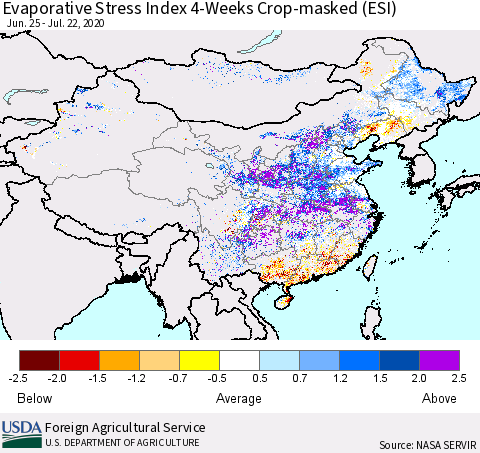 China, Mongolia and Taiwan Evaporative Stress Index (ESI), 4-Weeks over Croplands Thematic Map For 7/20/2020 - 7/26/2020