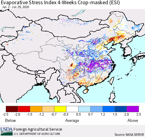 China, Mongolia and Taiwan Evaporative Stress Index (ESI), 4-Weeks over Croplands Thematic Map For 7/27/2020 - 8/2/2020