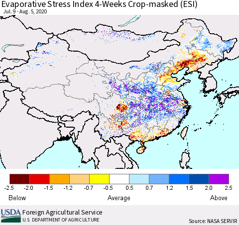 China, Mongolia and Taiwan Evaporative Stress Index (ESI), 4-Weeks over Croplands Thematic Map For 8/3/2020 - 8/9/2020