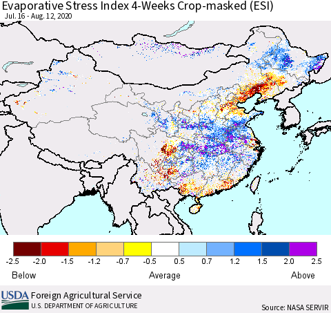 China, Mongolia and Taiwan Evaporative Stress Index (ESI), 4-Weeks over Croplands Thematic Map For 8/10/2020 - 8/16/2020