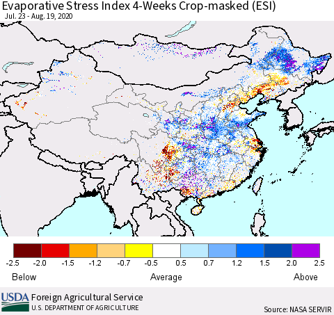 China, Mongolia and Taiwan Evaporative Stress Index (ESI), 4-Weeks over Croplands Thematic Map For 8/17/2020 - 8/23/2020