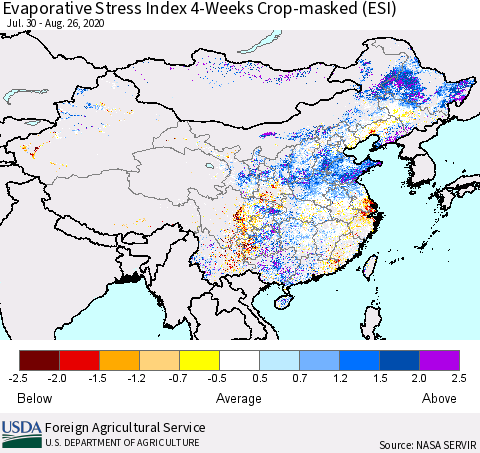 China, Mongolia and Taiwan Evaporative Stress Index (ESI), 4-Weeks over Croplands Thematic Map For 8/24/2020 - 8/30/2020