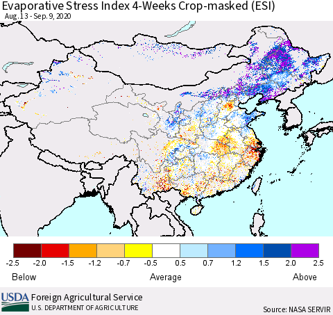 China, Mongolia and Taiwan Evaporative Stress Index (ESI), 4-Weeks over Croplands Thematic Map For 9/7/2020 - 9/13/2020