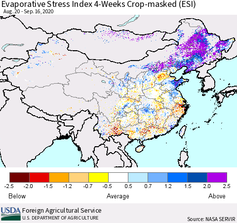 China, Mongolia and Taiwan Evaporative Stress Index (ESI), 4-Weeks over Croplands Thematic Map For 9/14/2020 - 9/20/2020
