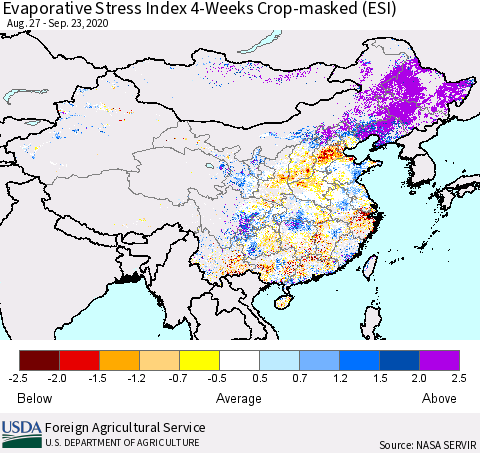 China, Mongolia and Taiwan Evaporative Stress Index (ESI), 4-Weeks over Croplands Thematic Map For 9/21/2020 - 9/27/2020