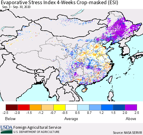China, Mongolia and Taiwan Evaporative Stress Index (ESI), 4-Weeks over Croplands Thematic Map For 9/28/2020 - 10/4/2020