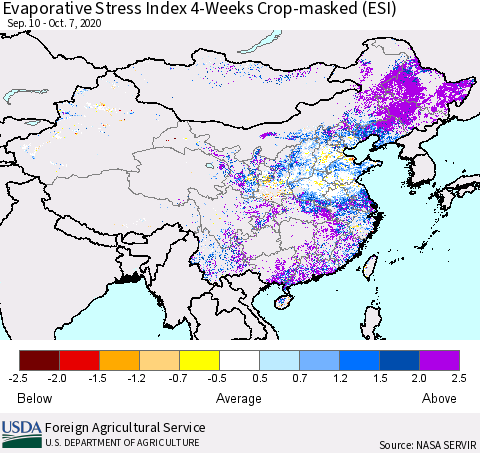 China, Mongolia and Taiwan Evaporative Stress Index (ESI), 4-Weeks over Croplands Thematic Map For 10/5/2020 - 10/11/2020