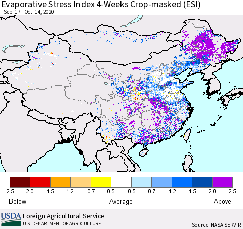 China, Mongolia and Taiwan Evaporative Stress Index (ESI), 4-Weeks over Croplands Thematic Map For 10/12/2020 - 10/18/2020