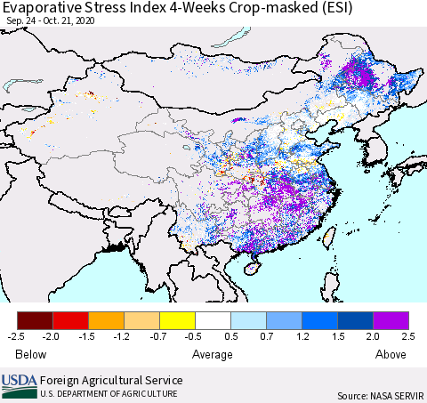 China, Mongolia and Taiwan Evaporative Stress Index (ESI), 4-Weeks over Croplands Thematic Map For 10/19/2020 - 10/25/2020