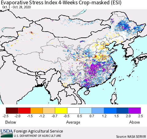 China, Mongolia and Taiwan Evaporative Stress Index (ESI), 4-Weeks over Croplands Thematic Map For 10/26/2020 - 11/1/2020