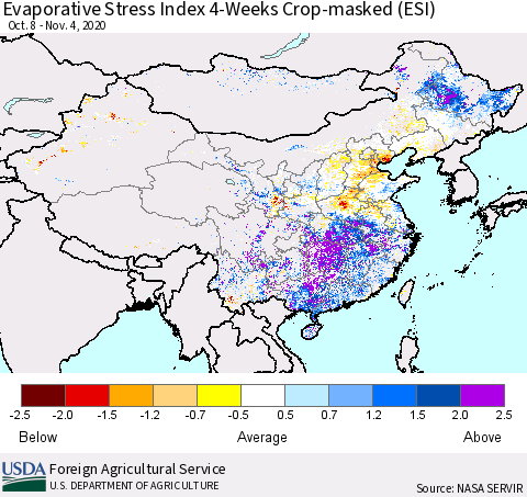 China, Mongolia and Taiwan Evaporative Stress Index (ESI), 4-Weeks over Croplands Thematic Map For 11/2/2020 - 11/8/2020