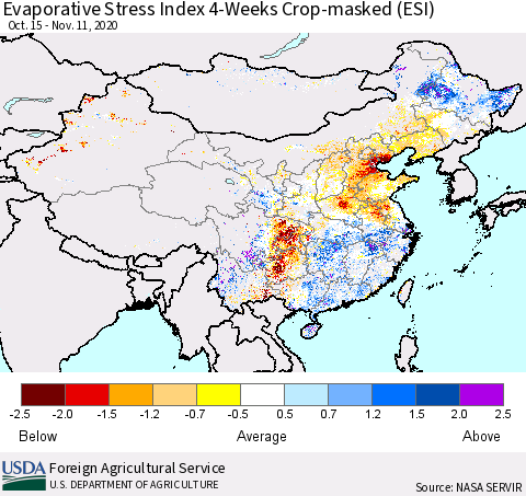 China, Mongolia and Taiwan Evaporative Stress Index (ESI), 4-Weeks over Croplands Thematic Map For 11/9/2020 - 11/15/2020