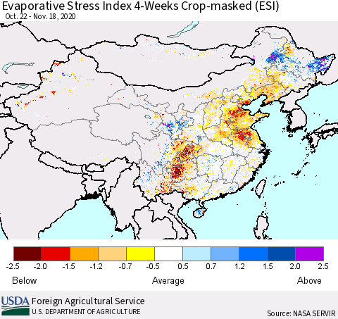 China, Mongolia and Taiwan Evaporative Stress Index (ESI), 4-Weeks over Croplands Thematic Map For 11/16/2020 - 11/22/2020