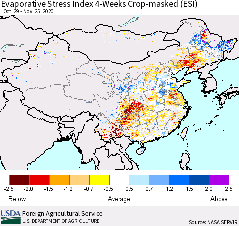 China, Mongolia and Taiwan Evaporative Stress Index (ESI), 4-Weeks over Croplands Thematic Map For 11/23/2020 - 11/29/2020