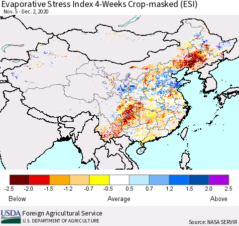 China, Mongolia and Taiwan Evaporative Stress Index (ESI), 4-Weeks over Croplands Thematic Map For 11/30/2020 - 12/6/2020