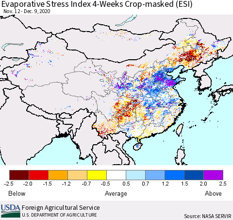 China, Mongolia and Taiwan Evaporative Stress Index (ESI), 4-Weeks over Croplands Thematic Map For 12/7/2020 - 12/13/2020