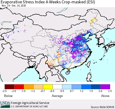China, Mongolia and Taiwan Evaporative Stress Index (ESI), 4-Weeks over Croplands Thematic Map For 12/14/2020 - 12/20/2020