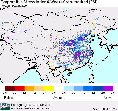 China, Mongolia and Taiwan Evaporative Stress Index (ESI), 4-Weeks over Croplands Thematic Map For 12/21/2020 - 12/27/2020