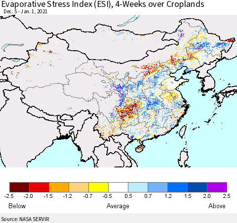China, Mongolia and Taiwan Evaporative Stress Index (ESI), 4-Weeks over Croplands Thematic Map For 12/28/2020 - 1/3/2021