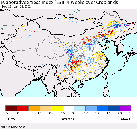 China, Mongolia and Taiwan Evaporative Stress Index (ESI), 4-Weeks over Croplands Thematic Map For 1/11/2021 - 1/17/2021