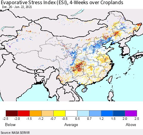 China, Mongolia and Taiwan Evaporative Stress Index (ESI), 4-Weeks over Croplands Thematic Map For 1/18/2021 - 1/24/2021