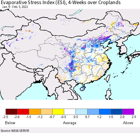 China, Mongolia and Taiwan Evaporative Stress Index (ESI), 4-Weeks over Croplands Thematic Map For 2/1/2021 - 2/7/2021