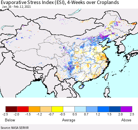 China, Mongolia and Taiwan Evaporative Stress Index (ESI), 4-Weeks over Croplands Thematic Map For 2/8/2021 - 2/14/2021