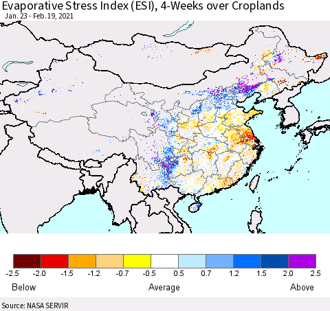 China, Mongolia and Taiwan Evaporative Stress Index (ESI), 4-Weeks over Croplands Thematic Map For 2/15/2021 - 2/21/2021