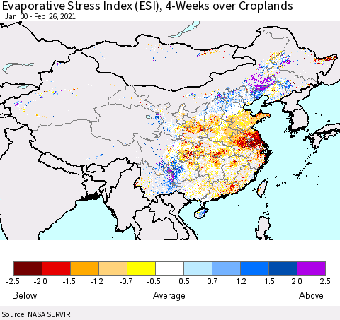 China, Mongolia and Taiwan Evaporative Stress Index (ESI), 4-Weeks over Croplands Thematic Map For 2/22/2021 - 2/28/2021