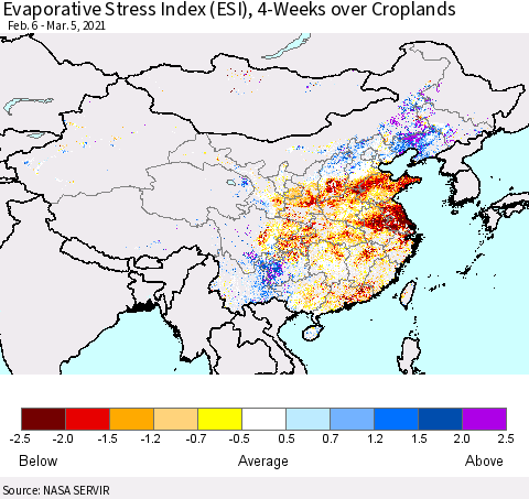China and Taiwan Evaporative Stress Index 4-Weeks Crop-masked (ESI) Thematic Map For 3/1/2021 - 3/7/2021
