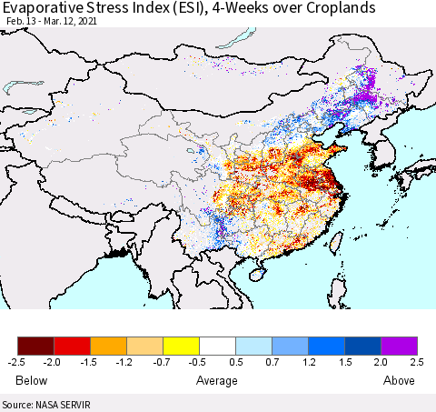 China and Taiwan Evaporative Stress Index 4-Weeks Crop-masked (ESI) Thematic Map For 3/8/2021 - 3/14/2021
