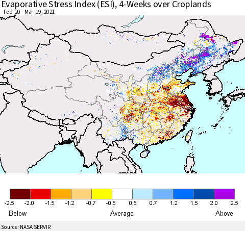 China and Taiwan Evaporative Stress Index 4-Weeks Crop-masked (ESI) Thematic Map For 3/15/2021 - 3/21/2021