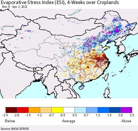 China, Mongolia and Taiwan Evaporative Stress Index (ESI), 4-Weeks over Croplands Thematic Map For 3/29/2021 - 4/4/2021