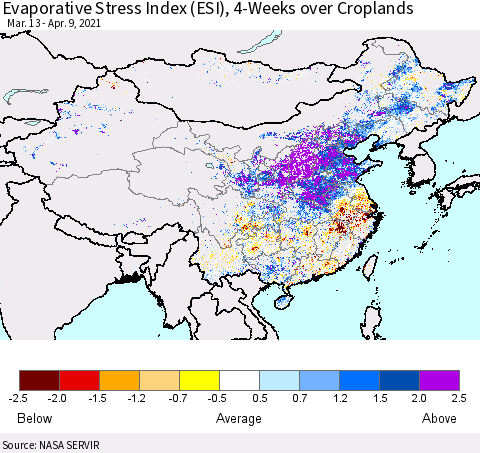China and Taiwan Evaporative Stress Index 4-Weeks Crop-masked (ESI) Thematic Map For 4/5/2021 - 4/11/2021