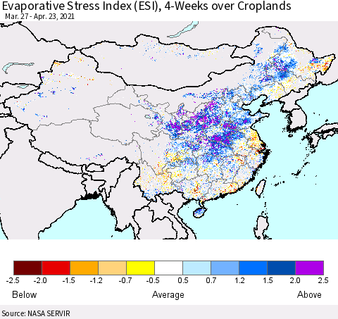 China and Taiwan Evaporative Stress Index 4-Weeks Crop-masked (ESI) Thematic Map For 4/19/2021 - 4/25/2021