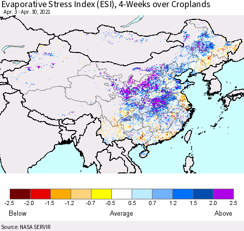 China and Taiwan Evaporative Stress Index 4-Weeks Crop-masked (ESI) Thematic Map For 4/26/2021 - 5/2/2021