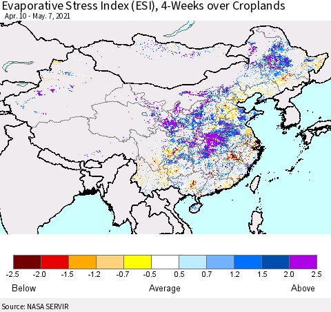 China and Taiwan Evaporative Stress Index 4-Weeks Crop-masked (ESI) Thematic Map For 5/3/2021 - 5/9/2021