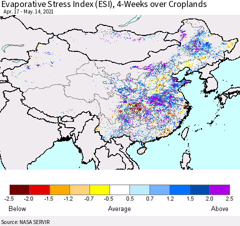 China and Taiwan Evaporative Stress Index 4-Weeks Crop-masked (ESI) Thematic Map For 5/10/2021 - 5/16/2021