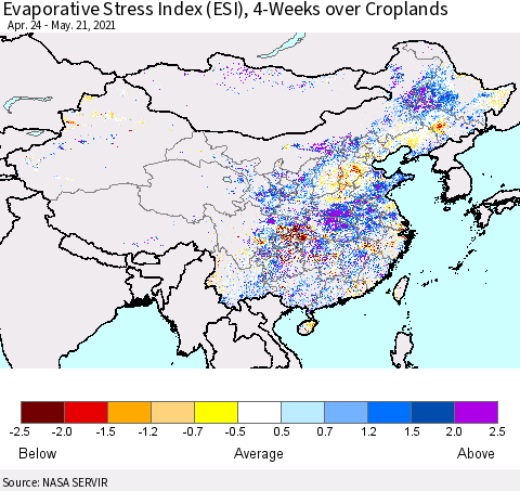 China and Taiwan Evaporative Stress Index 4-Weeks Crop-masked (ESI) Thematic Map For 5/17/2021 - 5/23/2021