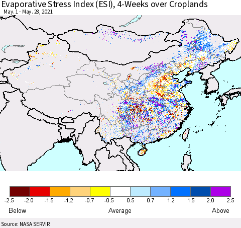 China and Taiwan Evaporative Stress Index 4-Weeks Crop-masked (ESI) Thematic Map For 5/24/2021 - 5/30/2021