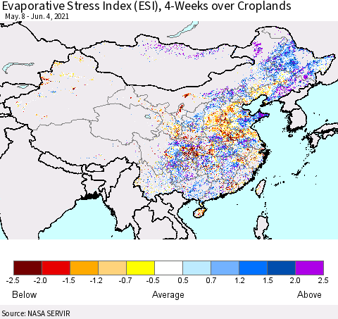 China, Mongolia and Taiwan Evaporative Stress Index (ESI), 4-Weeks over Croplands Thematic Map For 5/31/2021 - 6/6/2021