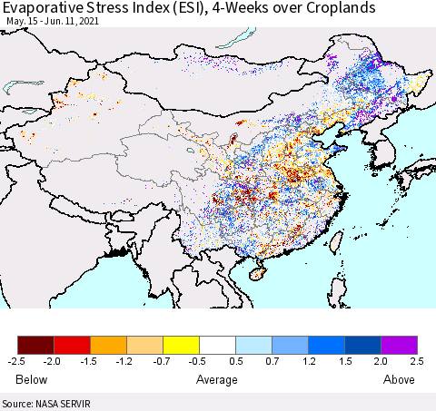 China, Mongolia and Taiwan Evaporative Stress Index (ESI), 4-Weeks over Croplands Thematic Map For 6/7/2021 - 6/13/2021