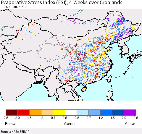 China, Mongolia and Taiwan Evaporative Stress Index (ESI), 4-Weeks over Croplands Thematic Map For 6/28/2021 - 7/4/2021