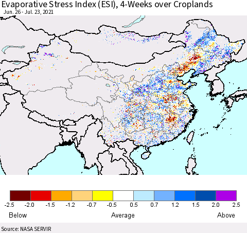 China and Taiwan Evaporative Stress Index 4-Weeks Crop-masked (ESI) Thematic Map For 7/19/2021 - 7/25/2021