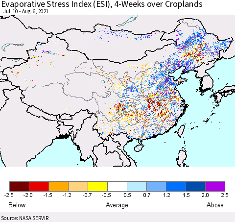 China, Mongolia and Taiwan Evaporative Stress Index (ESI), 4-Weeks over Croplands Thematic Map For 8/2/2021 - 8/8/2021