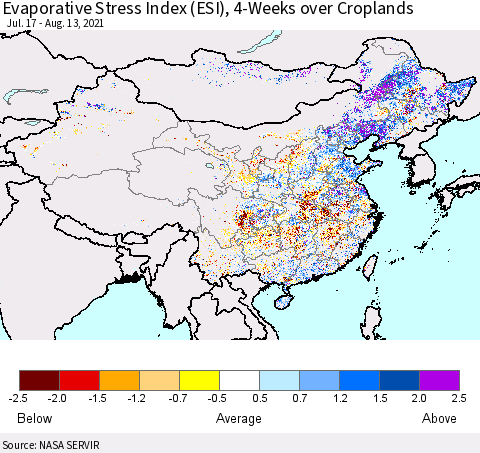 China and Taiwan Evaporative Stress Index 4-Weeks Crop-masked (ESI) Thematic Map For 8/9/2021 - 8/15/2021