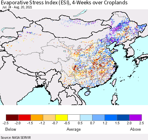 China and Taiwan Evaporative Stress Index 4-Weeks Crop-masked (ESI) Thematic Map For 8/16/2021 - 8/22/2021