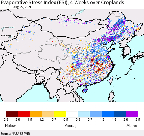 China and Taiwan Evaporative Stress Index 4-Weeks Crop-masked (ESI) Thematic Map For 8/23/2021 - 8/29/2021